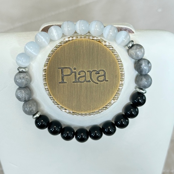 White Cats Eye, Black Onyx & Picasso Jasper stretchy beaded bracelet. 7-8mm - Picture 11 of 16